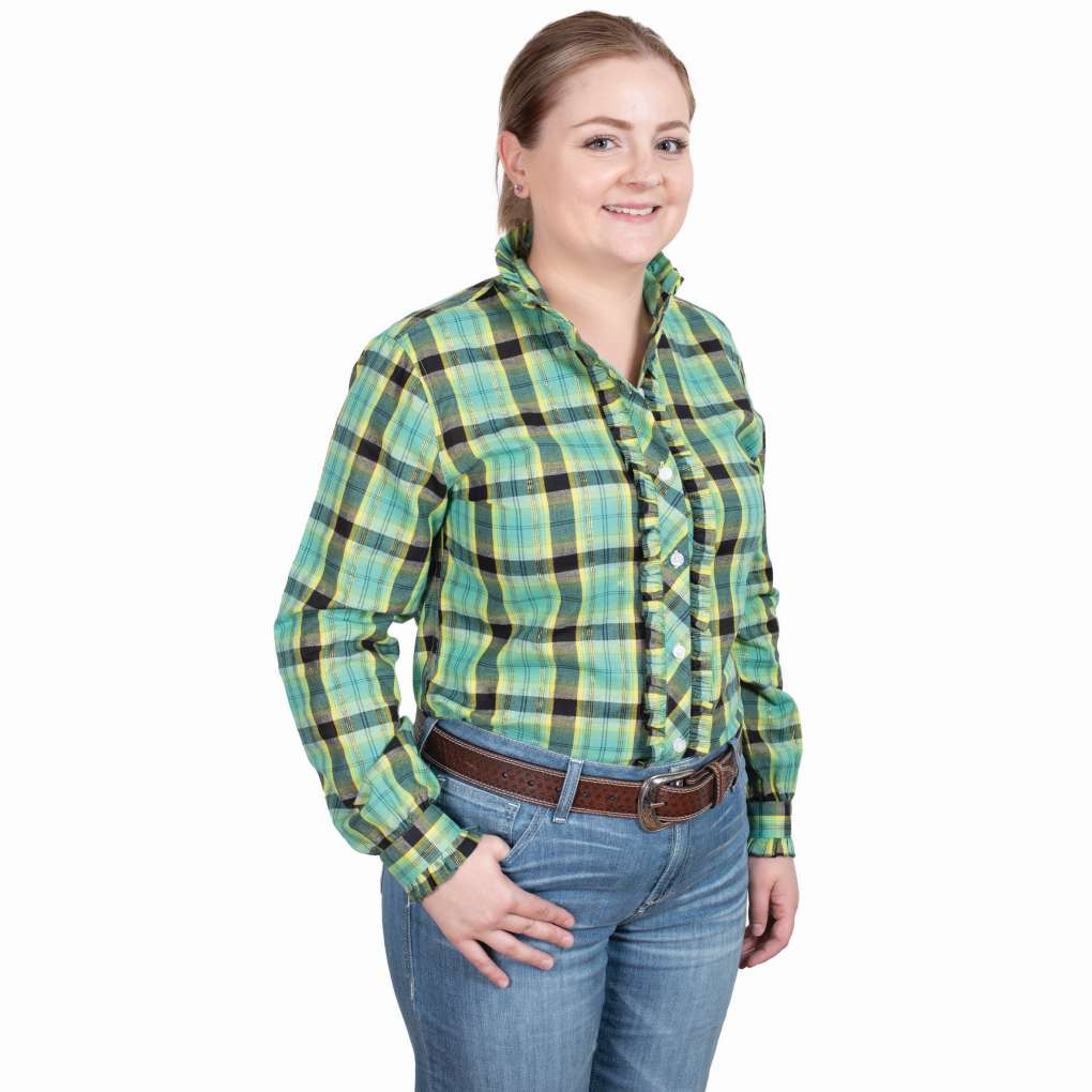 JCA Ladies Abbey Frill Spearmint/Black Lurex Plaid Workshirt
