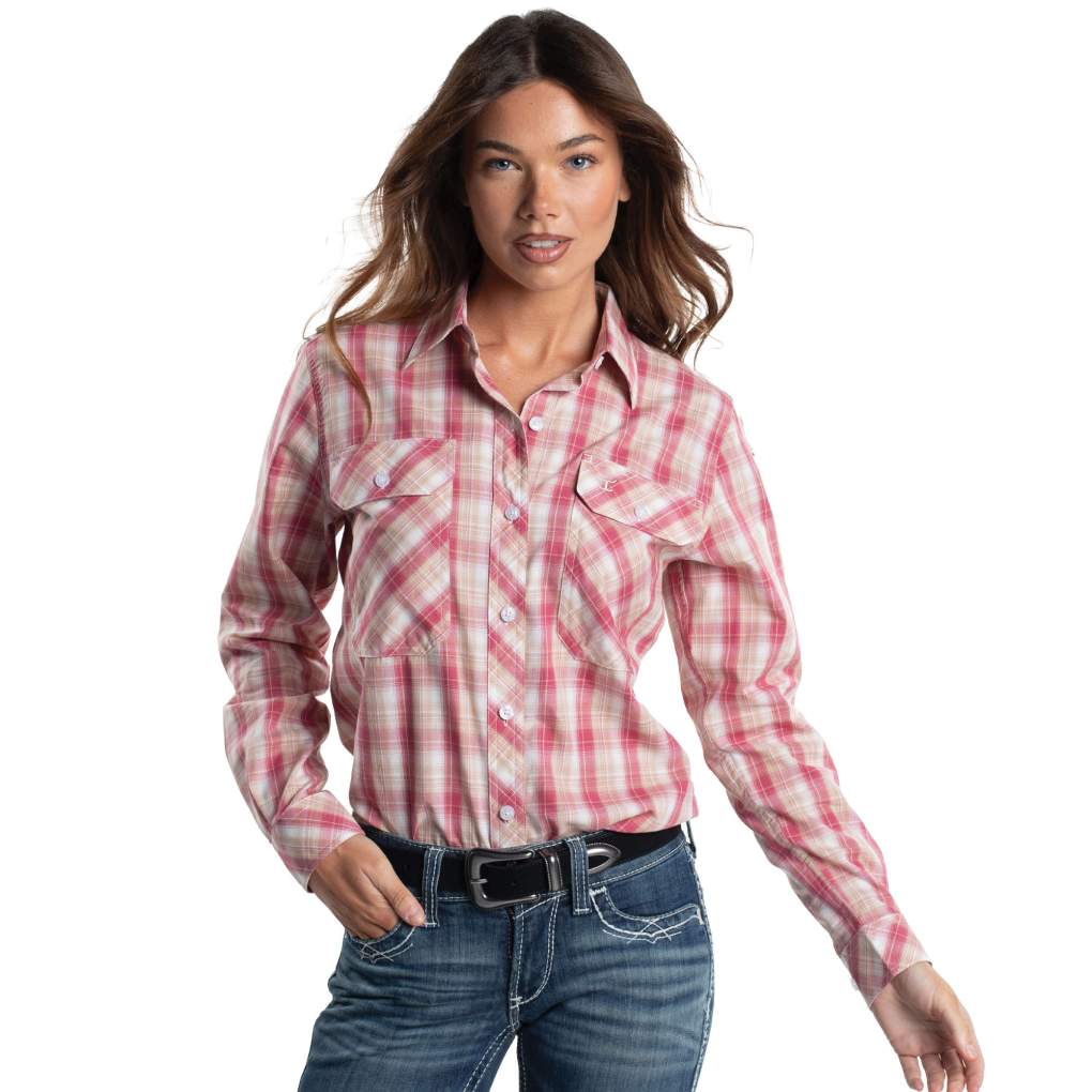 JCA Ladies Abbey Hot Pink, Castle Tan &amp; White Plaid Workshirt