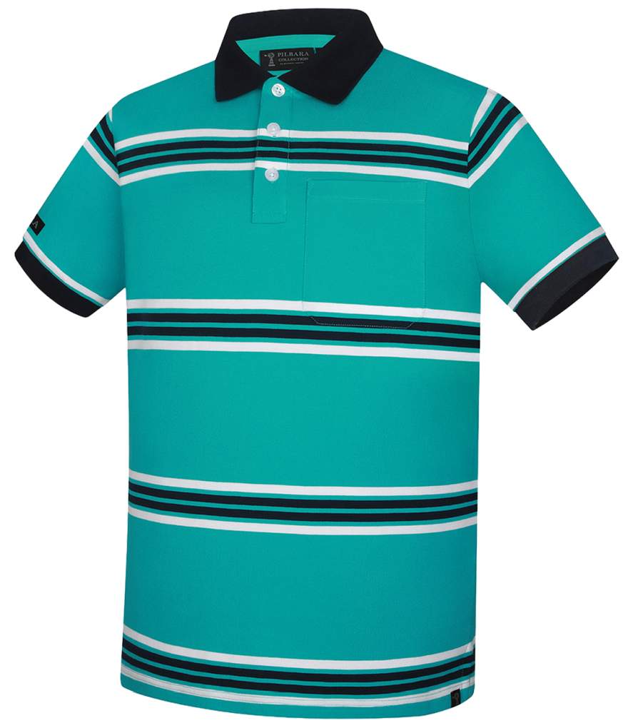 Ritemate Pilbara Mens Striped Pocket Caribbean/White/Navy Polo