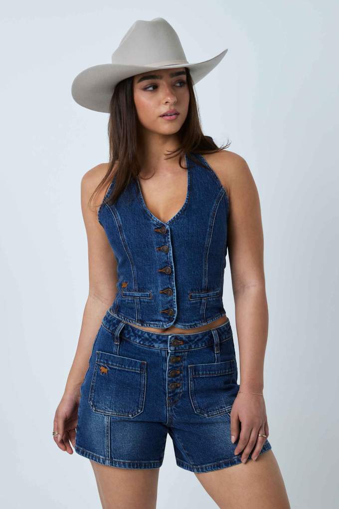 Ringers Western Ladies Annabelle Halter Vest Denim Blue