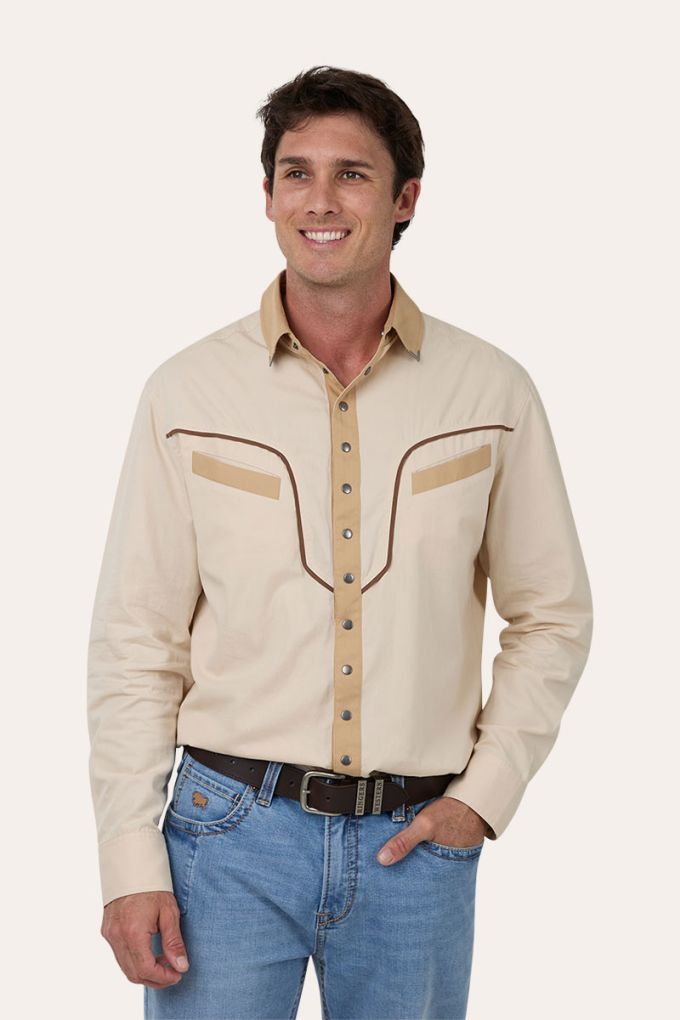 Ringers Western Mens Calvin Western Shirt Beige/Dark Sand