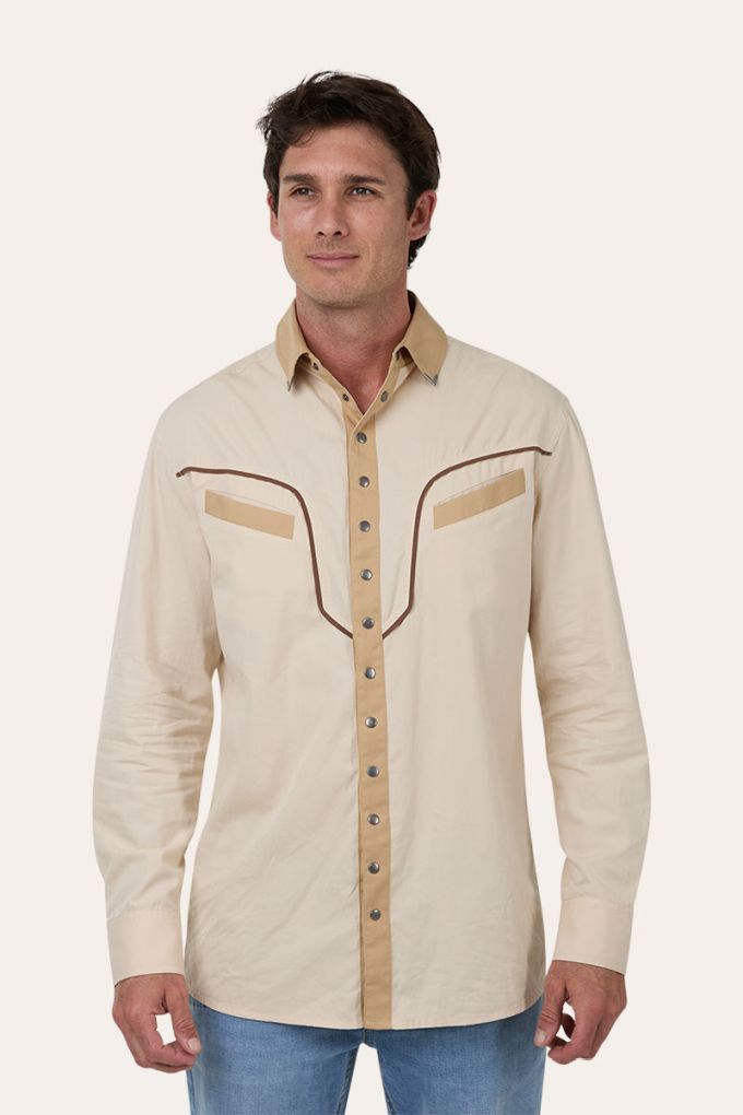 Ringers Western Mens Calvin Western Shirt Beige/Dark Sand