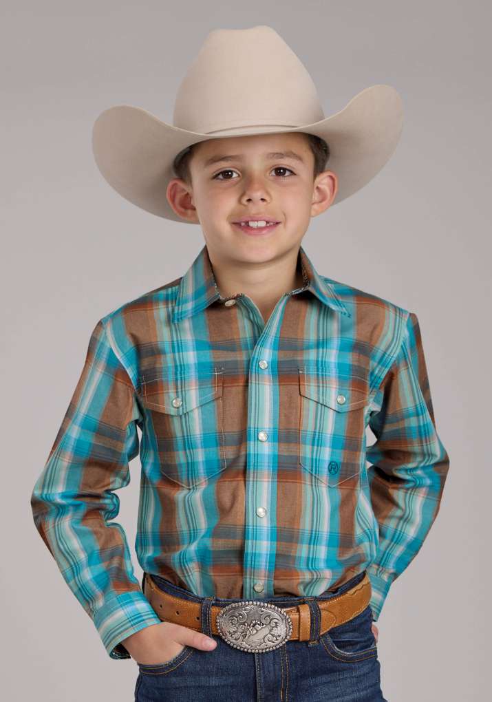 Roper Boys Amarillo Orange/Blue Plaid Shirt