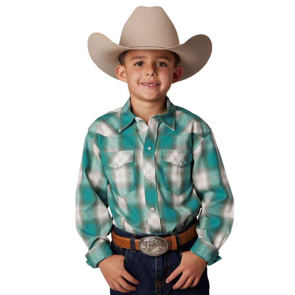 Roper Boys West Made Aqua Plaid Shirt