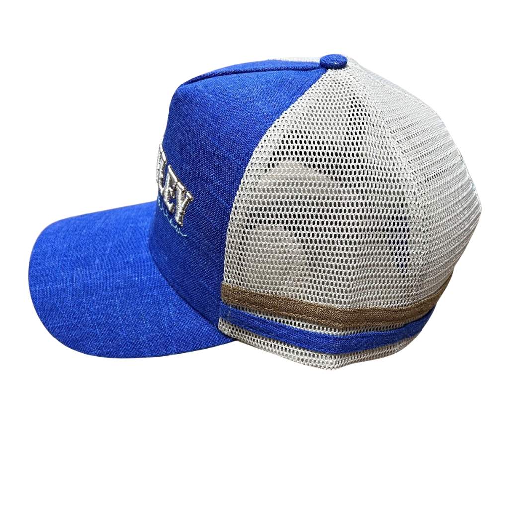 H &amp; H Blue Linen &amp; Beige Trucker Cap