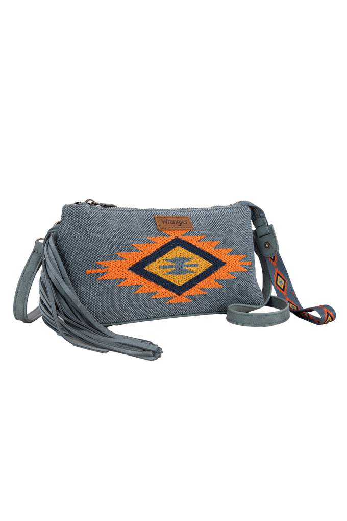 Wrangler Embroidered Aztec Fringe Blue Wrist Bag