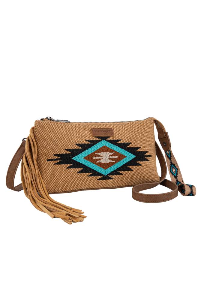 Wrangler Embroidered Aztec Fringe Tan Wrist Bag