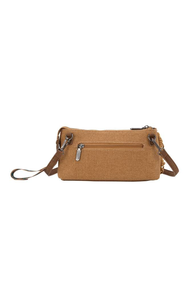 Wrangler Embroidered Aztec Fringe Tan Wrist Bag