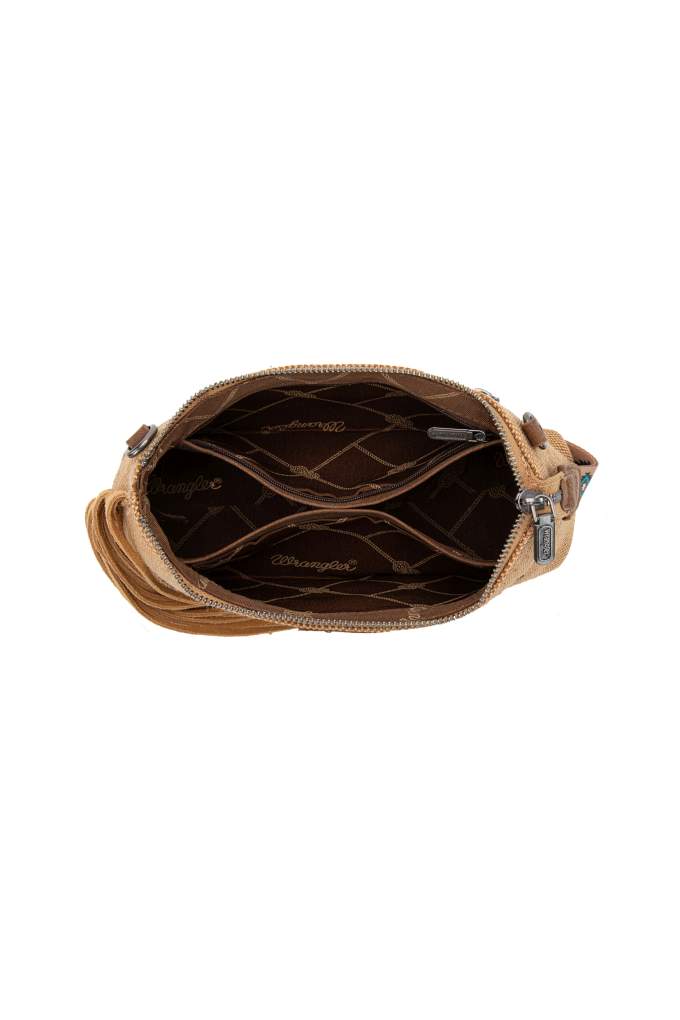 Wrangler Embroidered Aztec Fringe Tan Wrist Bag
