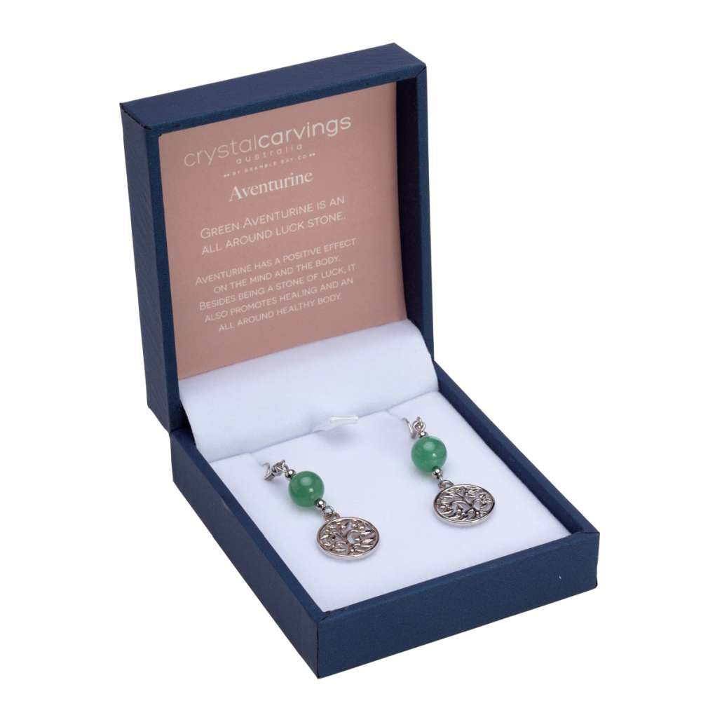 Crystal Carvings Tree Of Life Earrings Green Aventurine