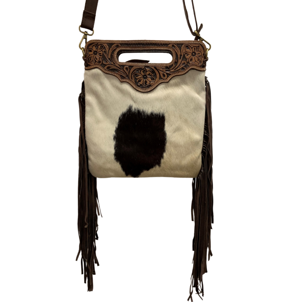 Design Edge Cali Tooled Leather Sling Bag with Fringe