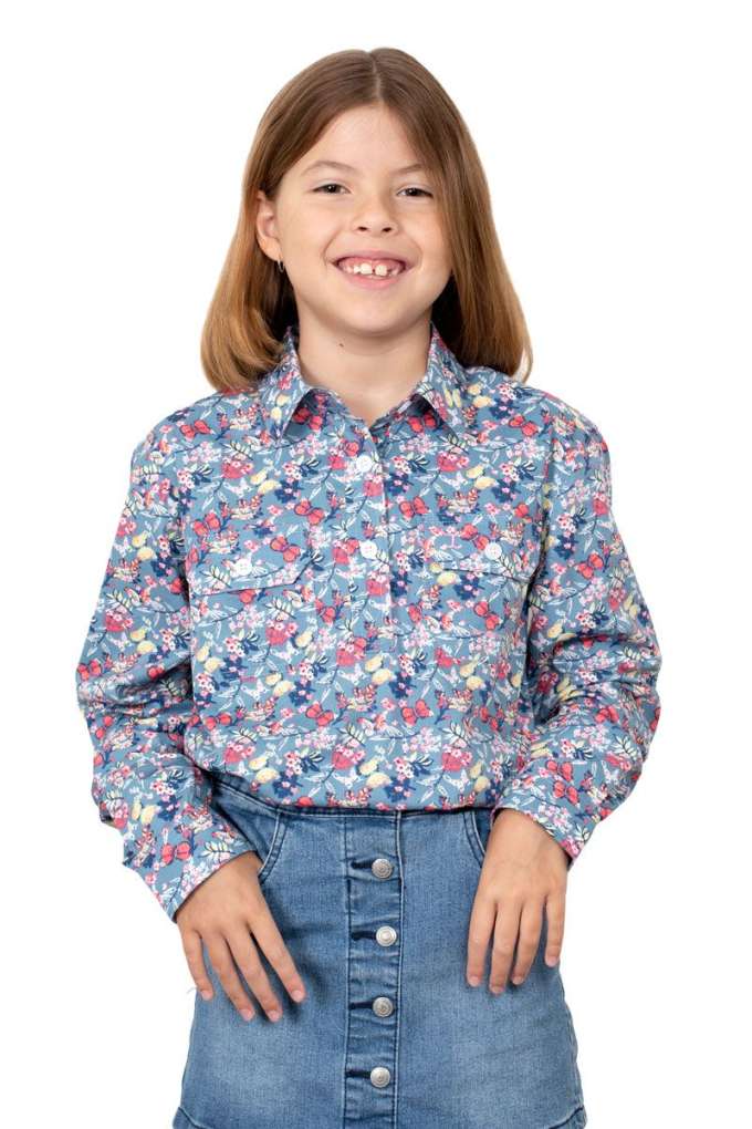 JCA Girls Harper Blue Butterflies Half Button Shirt