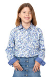 JCA Girls Harper White/Blue Hibiscus Half Button Shirt
