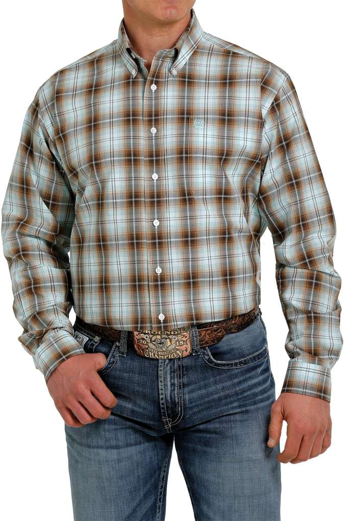 Cinch Mens Brown Aqua Plaid Shirt