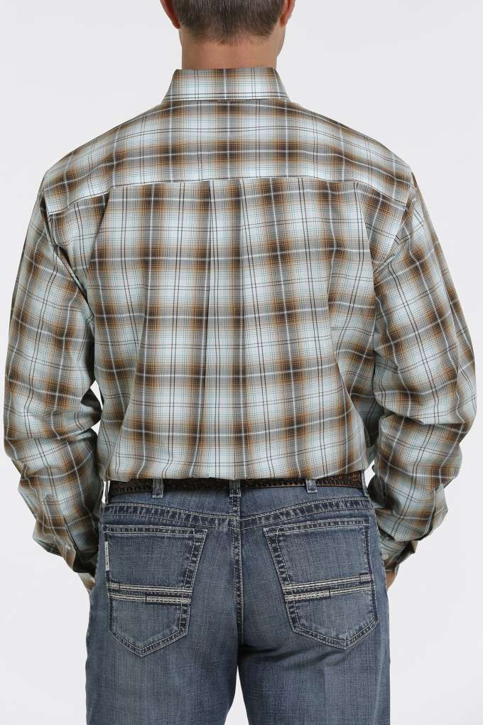 Cinch Mens Brown Aqua Plaid Shirt