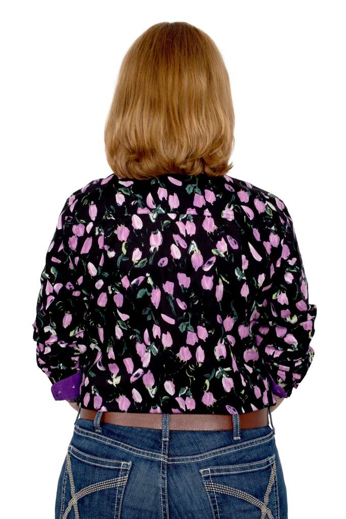 JCA Ladies Abbey Black Tulips Full Button Shirt